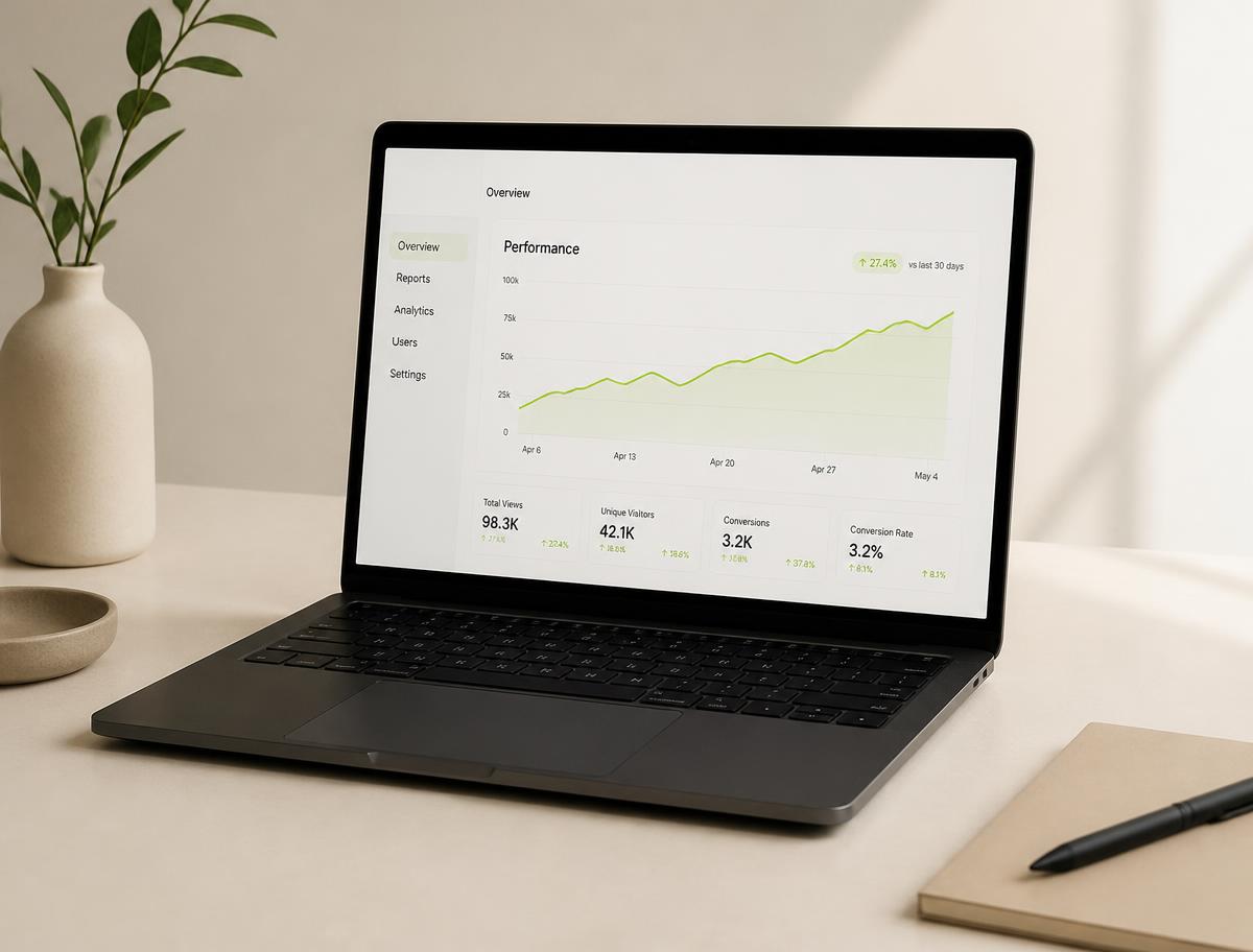 Laptop zeigt eine steigende Kurve der Werbeleistung