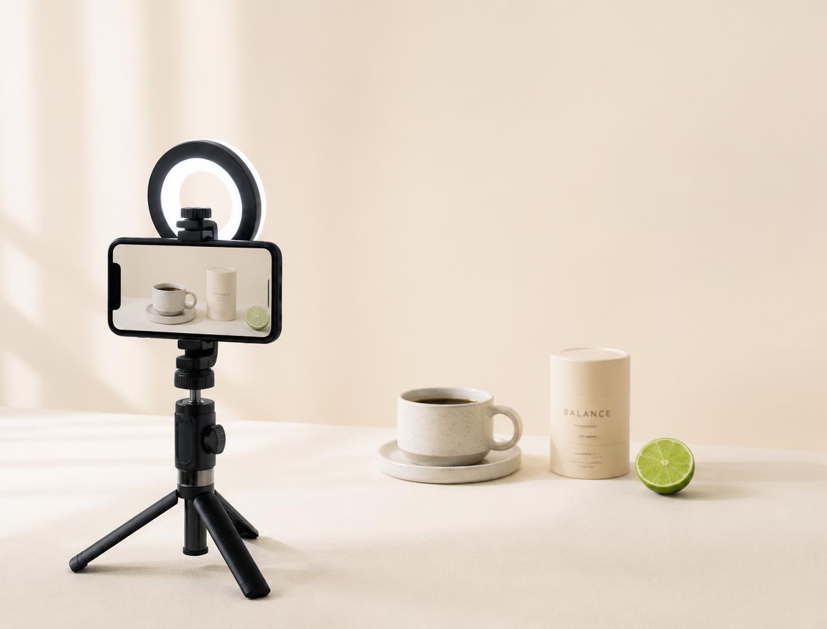 Smartphone auf einem Stativ mit Ringlicht filmt ein Produkt-Flatlay