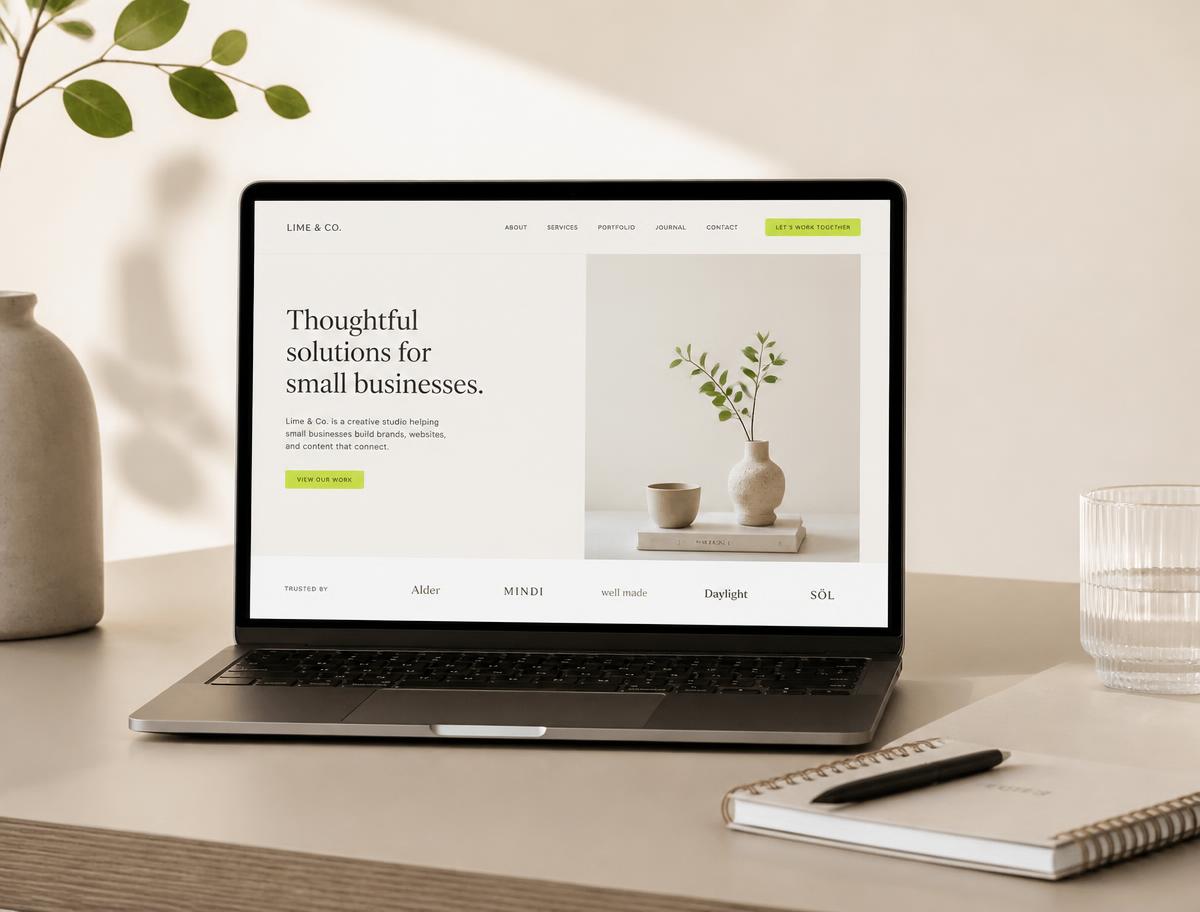 Laptop zeigt die klare Startseite einer Website für ein kleines Unternehmen